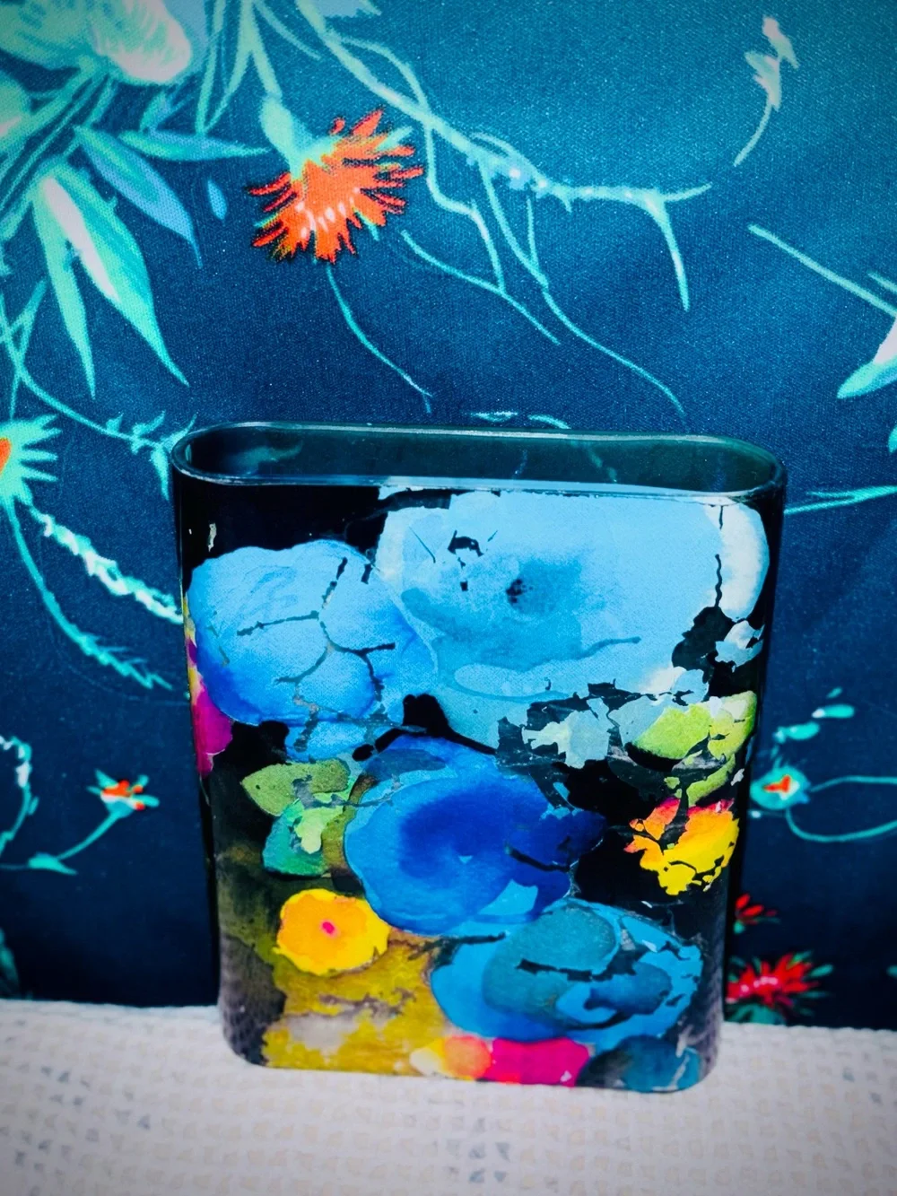 Vtg 1990s Fringe Studio Vibrant Floral Print Rectangular Glass Vase